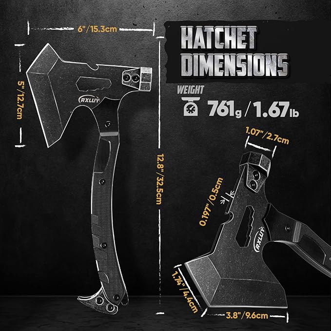 Tactical Axe with G10 Handle Camping Survival Hatchet Multifunctional Outdoor Hiking Heavy Duty Full Tang Tomahawk Tools with Hammer Unique Design Crowbar Leather Sheath (Black)