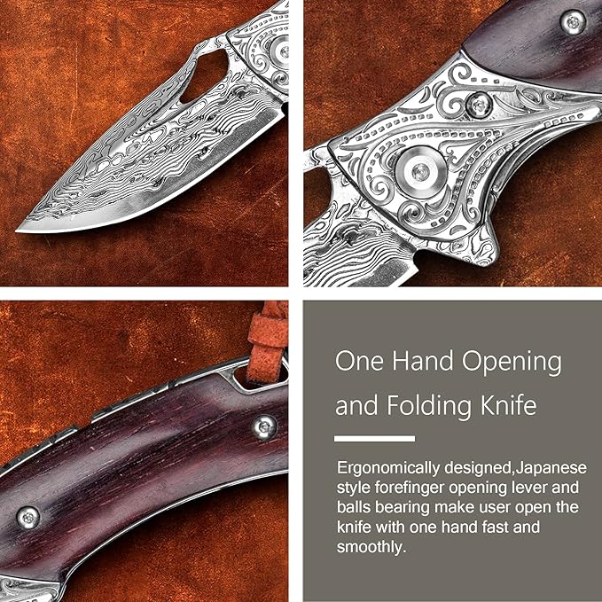 Handmade Damascus Steel Flipper Folding Knife with Pocket Clip Liner Lock Tactical Knife for Camping Hunting Fishing and EDC