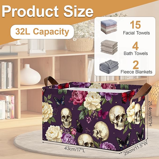 Purple Flower Skeleton Storage Bins with Handles Collapsible Storage for Clothes Gift Basket Blankets &amp Closet Organization