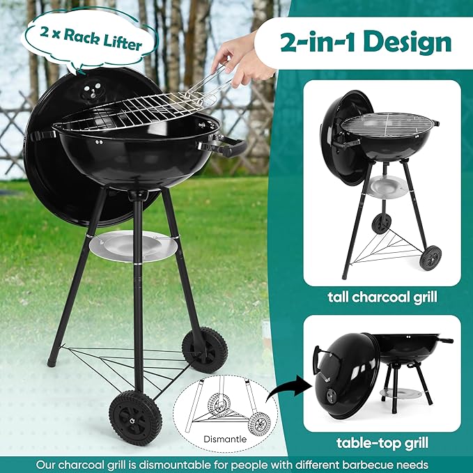 HaSteeL 18 Inch Charcoal Grill Black Kettle Outdoor Barbecue Grill 2-In-1 Portable BBQ Grill with Wheels for Camping Backyard Patio Picnic Porcelain-Enameled Lid &amp Fire Bowl 254.SQ.IN Cooking