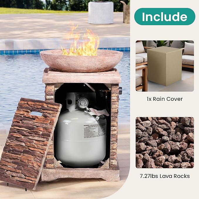 SUNBURY Outdoor Propane Fire Pit Gas Fire Pit for Outside Patio Stone Outdoor Fire Table Fire Column 40000 BTU Propane Fire Tables Firepit Table w Lava Rocks CSA Certified Waterproof Cover