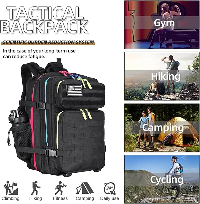 45L Military Tactical Backpacks 3 Days Assault PackBag Fitness Rucksack Hiking Molle Daypack (Black Neon)