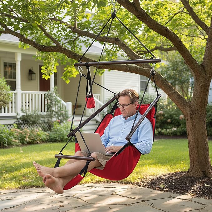 ONCLOUD Upgraded Unique Hammock Hanging Sky Chair Air Deluxe Swing Seat with Rope (Red)