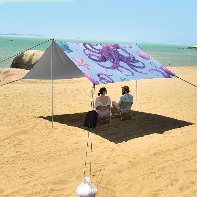 ALAZA Octopus Shell Beach Tent Sun Shelter UPF50+ Protection Beach Shade Canopy w/ 4 Sandbags for Outdoor Camping Fishing Backyard Fun Picnic 10x9 ft