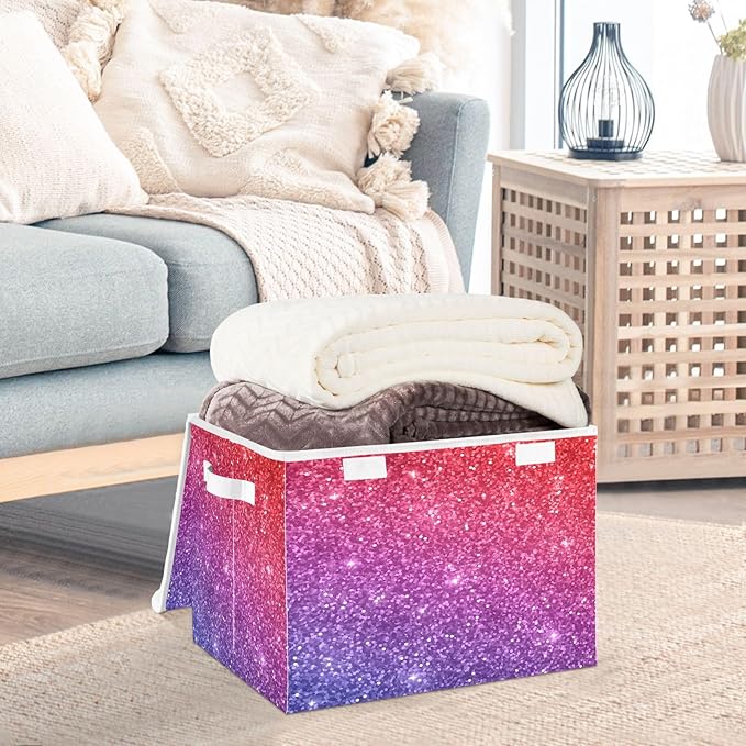 Red Purple Gradient Glitter Storage Bins with Lids Foldable Room Storage Storage Bags for Clothes for Home Studyroom