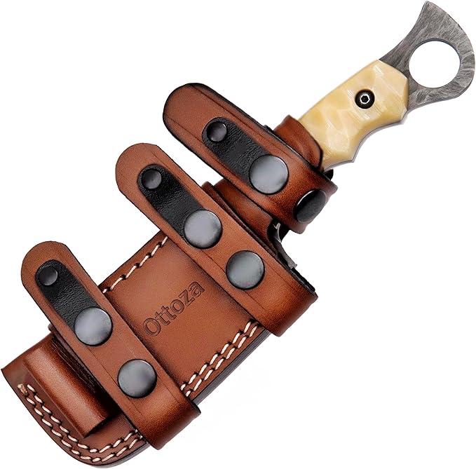 Ottoza Small Seax Tactical Knife with Fixed Blade - Durable Outdoor EDC Knife with Leather Sheath Horizontal Carry - Bone Handle 386