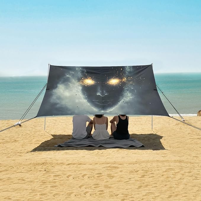 Cloudy Sky Glowing Eyes Beach Tent Sun Shelter Set UPF50+ UV Protection 10.5 x 9.19 FT Camping Shade Canopy with Sandbags Sand Anchors Carrying Bag and Others
