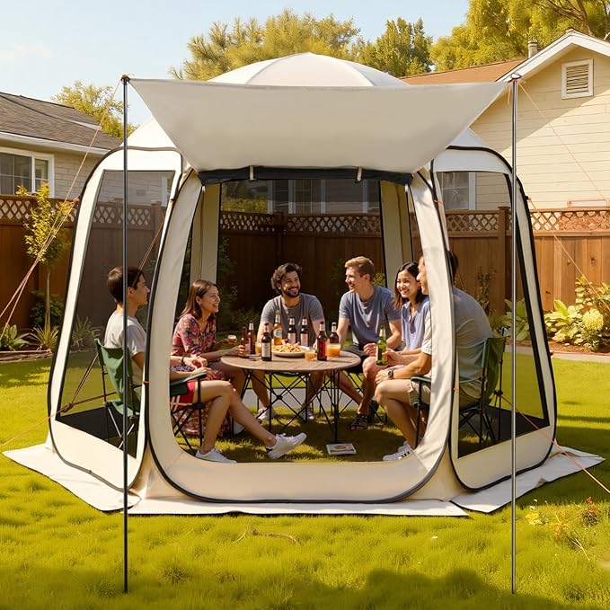 Pop Up Screen House Tent VEVOR 10 x 9.2 FT Pop-Up Screen Room with Awning Portable Screen Tent Gazebo for 4–8 Person Instant Screen Canopy with Carry Bag for Patio Backyard Camping