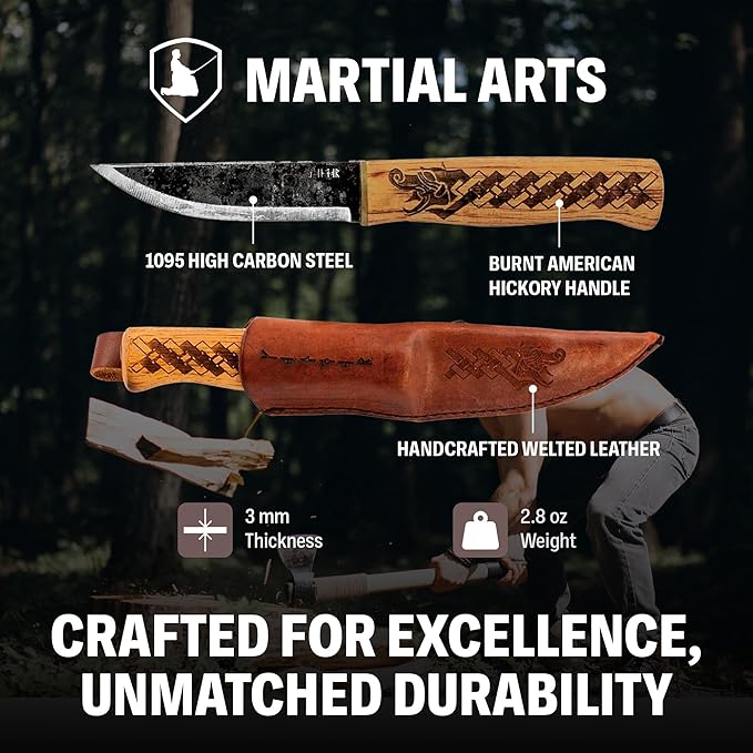 Condor Tool &amp Knife Norse Dragon Fixed Blade Knife with Leather Sheath - 1905 High Carbon Steel - Burnt American Hickory Handle - 3.8 in Blade - 2.8 oz