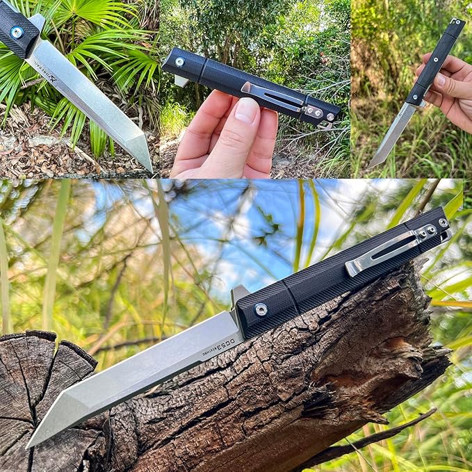 Flipper Pocket Folding Knife DC53 Steel Blade and Black G10 Handle with Pocket Clip and Glass Breaker EDC Tool Knife (Stone Wash Blade)