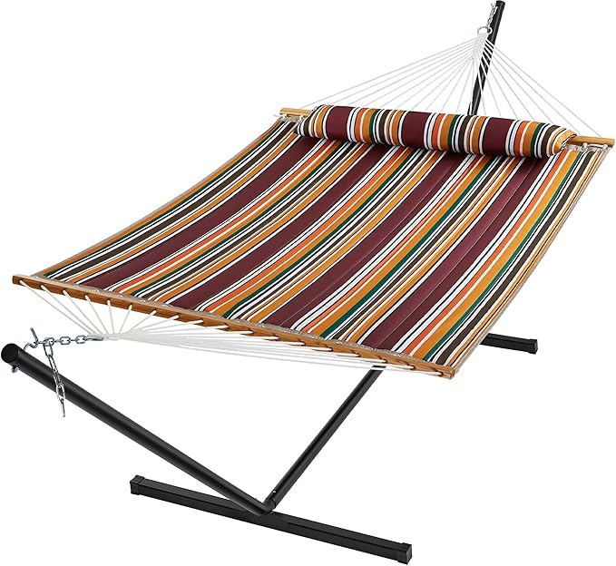 SUPERJARE Hammock with Stand 2 Person Quilted Outdoor Hammock Detachable Pillow &amp Bamboo Spreaders Portable Hammock with Carrying Bag Heavy Duty Stand Perfect for Outside Patio Maple-Leaf R