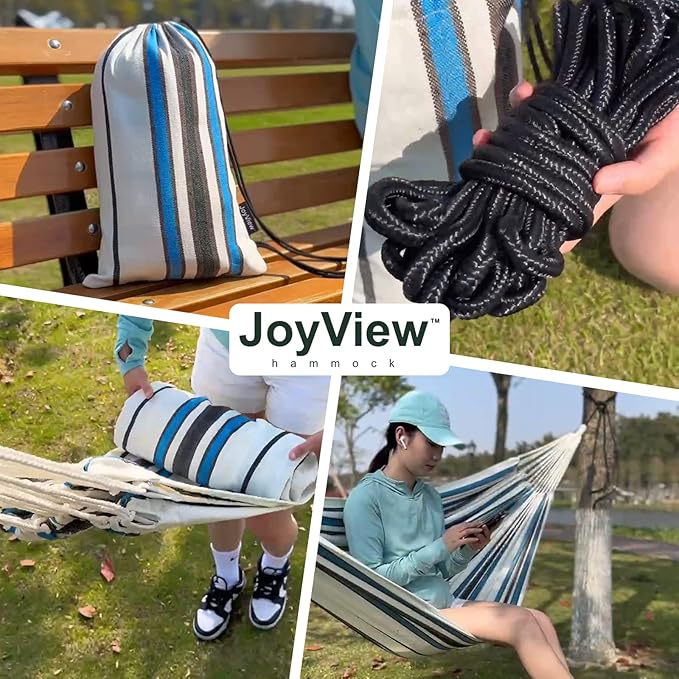 JoyView Brazilian Double Hammock with Hanging Ropes Extra Large 86.6x59” Portable Cotton Hammock for Patio Backyard Porch 450LBS Weight Capacity Perfect for Outdoor/Indoor - Green/Black Stripe
