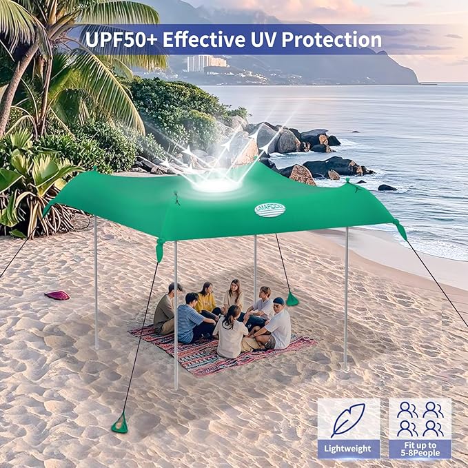 UMARDOO Family Beach Tent Canopy Sun Shade Portable Large Compact Beach Sun Shelter Easy Setup with Packable Bag for Outdoor Travel (Green 10X10 FT. 4Poles)
