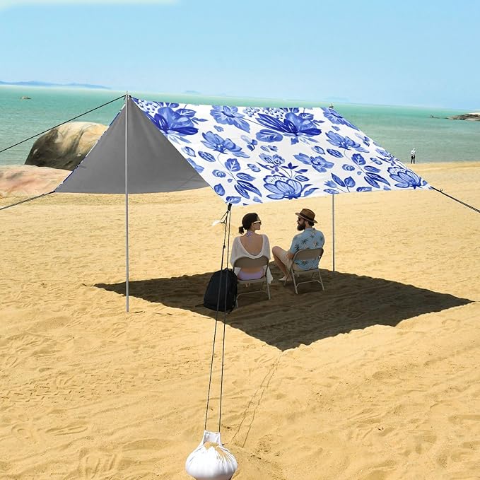 Beach Canopy with Windproof Ropes &amp Sandbags Beach Tent Sun Shade Sun Shelter for Camping Trips Fishing Backyard Fun or Picnics Blue Flowers