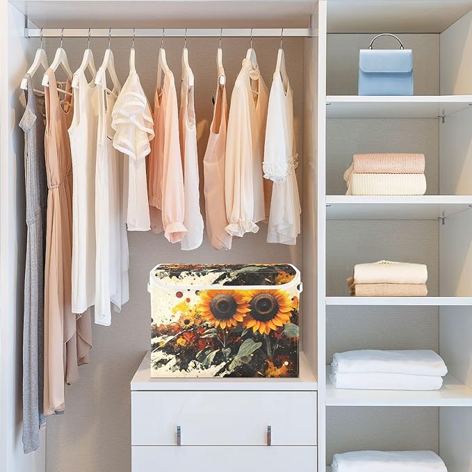 AIXIWAWA Lidded Storage Cube (Painting Of Sunflowers) Fabric Foldable Closet Bins with Flip Lid and Handles Organizer Basket Container 16.5 x 12.6 x 11.8 IN