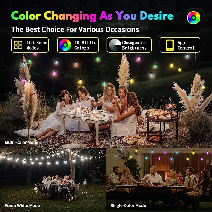 50ft Outdoor String Lights Color Changing - Patio Lights Outdoor Waterproof with 20 Dimmable RGBW Bulbs Shatterproof Music Mode Connectable Remote &amp App Control for Halloween Christmas