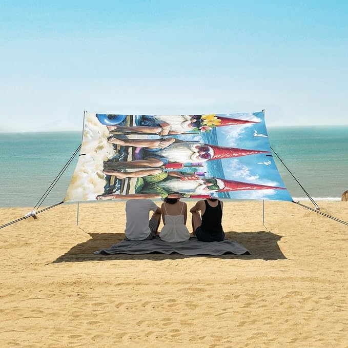ALAZA Three Gnomes Beach Summer Beach Tent Sun Shelter UPF50+ Protection Beach Shade Canopy w/ 4 Sandbags for Outdoor Camping Fishing Backyard Fun Picnic 10x9 ft