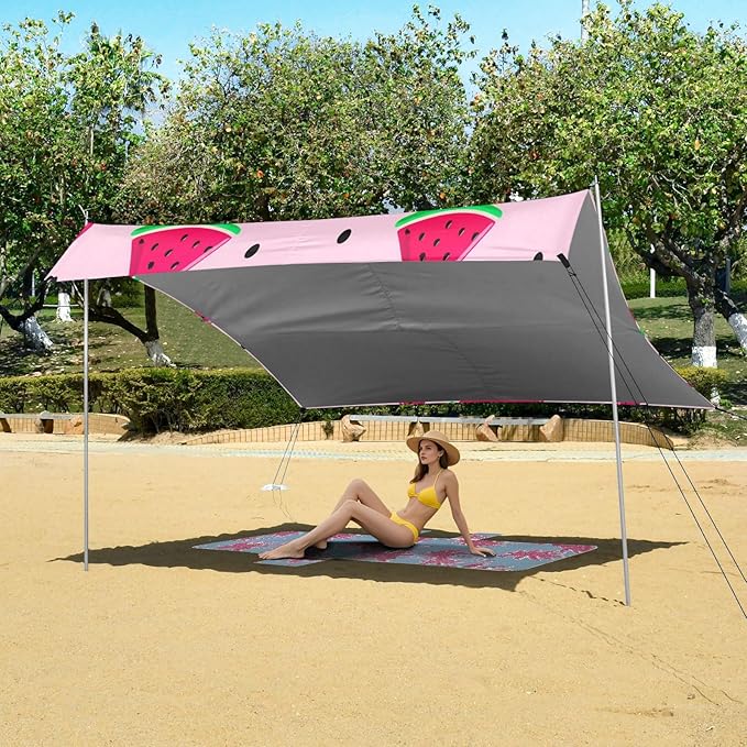 Beach Canopy with Windproof Ropes &amp Sandbags Beach Tent Sun Shade Sun Shelter for Camping Trips Fishing Backyard Fun or Picnics Watermelon