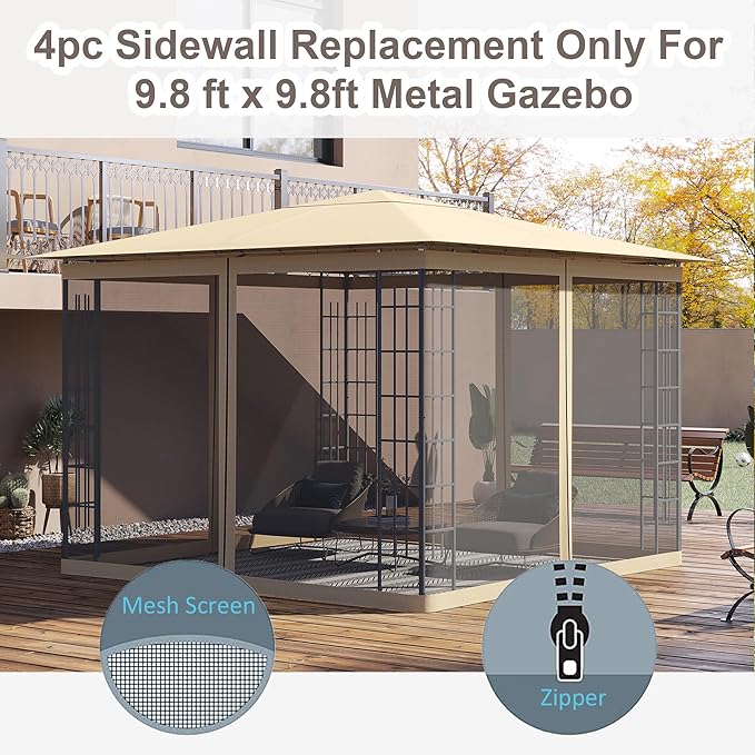 Outsunny 10' x 10' Universal Replacement Mesh Sidewall Netting for Patio Gazebos and Canopy Tents with Zippers Sidewall Only Beige