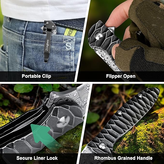 Zingbee Damascus Pocket Knife 2.87 Damascus Blade Folding Knives with Stainless Steel Handle EDC Knife for Camping Hiking Hunting Gift