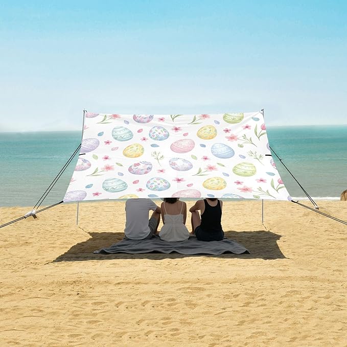 Easter Egg Beach Canopy Sun Shelter with Sandbags &amp Sand Shovel &amp Windproof Ropes - Portable 110x126 Beach Shade Beach Tent for Camping Picnics