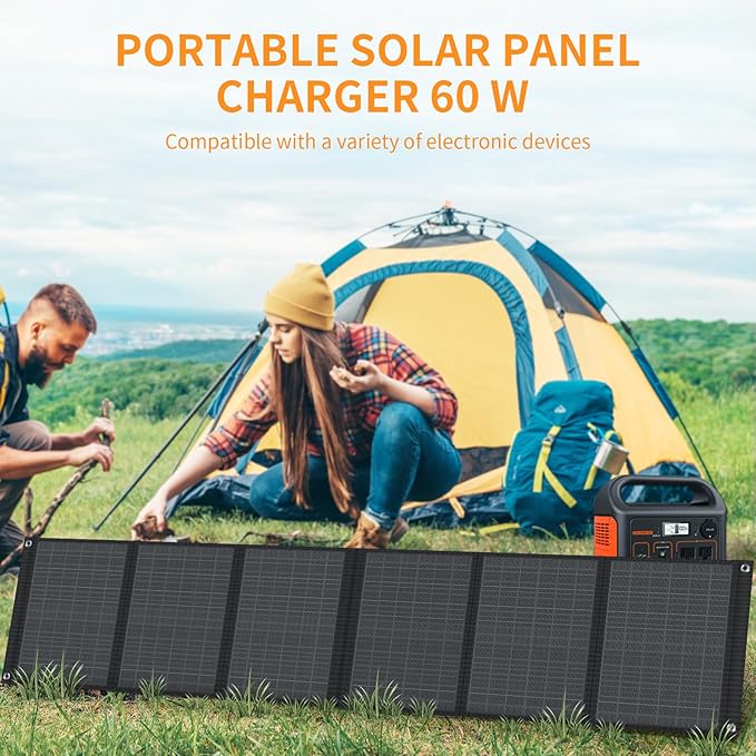 Portable Solar Panel – 60W Foldable Solar Panels with 5V USB and 18V DC for CampingCell PhoneTablet and 5-18V Devices – Compatible with Solar Generators Power Stations