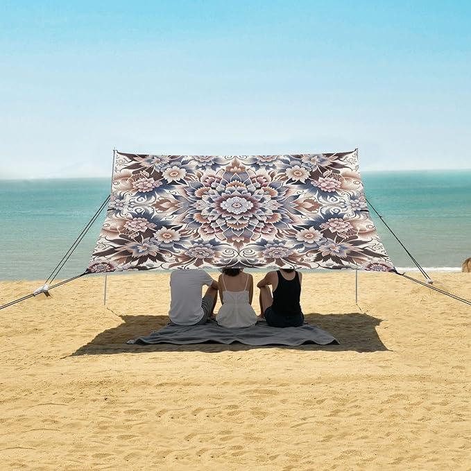 Floral Ikat Pattern Beach Tent Sun Shelter Set UPF50+ UV Protection 10.5 x 9.19 FT Camping Shade Canopy with Sandbags Sand Anchors Carrying Bag and Others