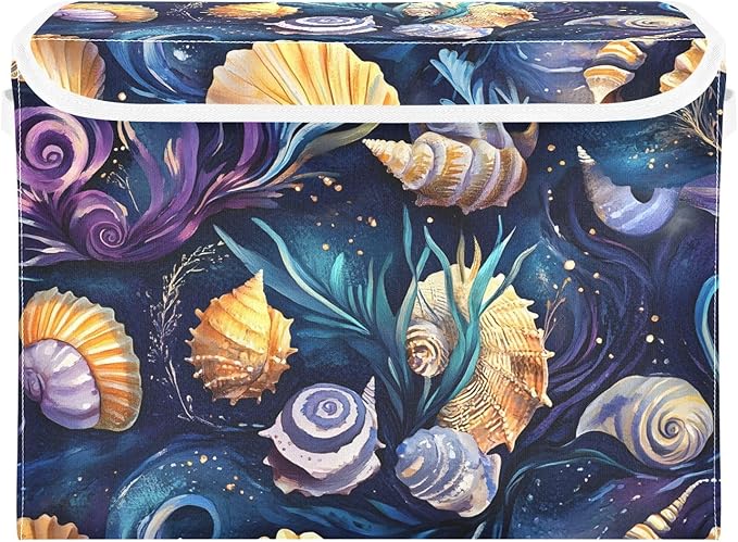 Fantastic Sea Shells Storage Cube Bins Basket with Lid Collapsible Flip-top Fabric with Handle for Home Bedroom Closet Office 16.5×12.6×11.8 in