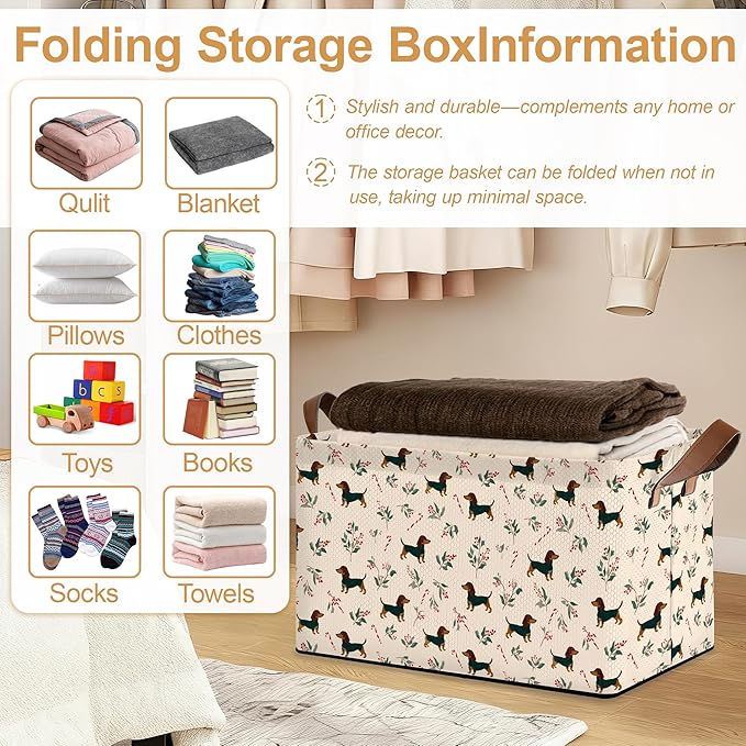 Christmas Dachshund Storage Bin with Handles Basket Storage Organizer for Shelves Closet Nursery Book Laundry Hamper &amp Home Decor