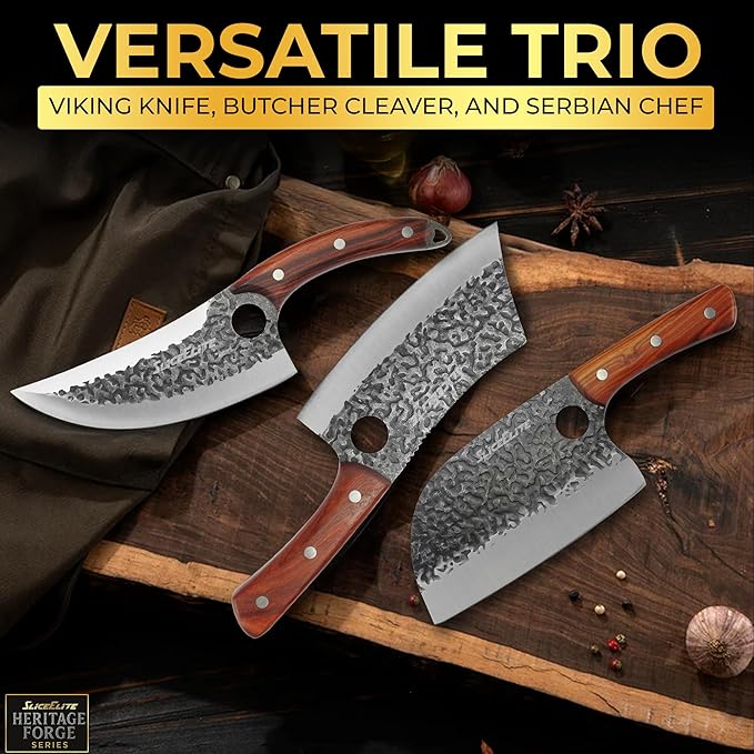 SliceElite Heritage Forge 3 Piece Butcher Knife Set Serbian Chef Meat Cleaver Viking Knife High Carbon Stainless Steel Full Tang Sandalwood Handle BBQ Grilling Camping Cooking Gift Set For Men &amp W