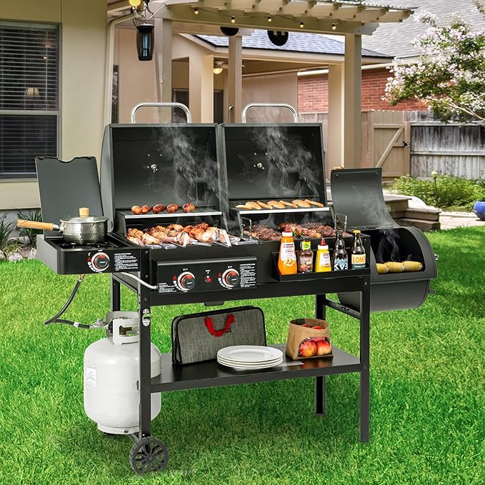 2-Burner Gas and Charcoal Grill Combo with Offset Smoker &amp Side Burner 34000 BTU Dual Fuel Grill 1020 Sq. In. Cooking Area Ideal for Outdoor Cooking Black ZH3005Y-SC