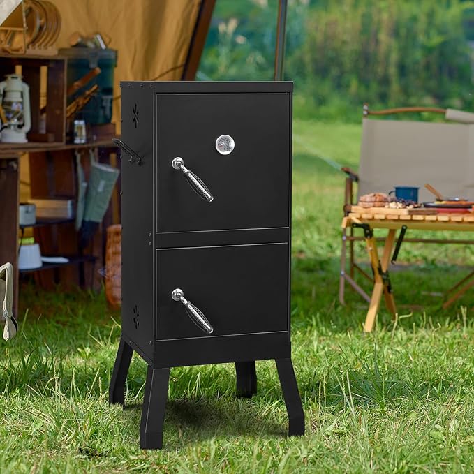 40 Vertical Steel Charcoal Smoker GrillHeavy Duty BBQ GrillsOutdoor Camping Backyard Barbecue GrillMetal Barbecue Smokerswith Thermometerfor Patio Garden Beach Porch Lawn Yard (Black)