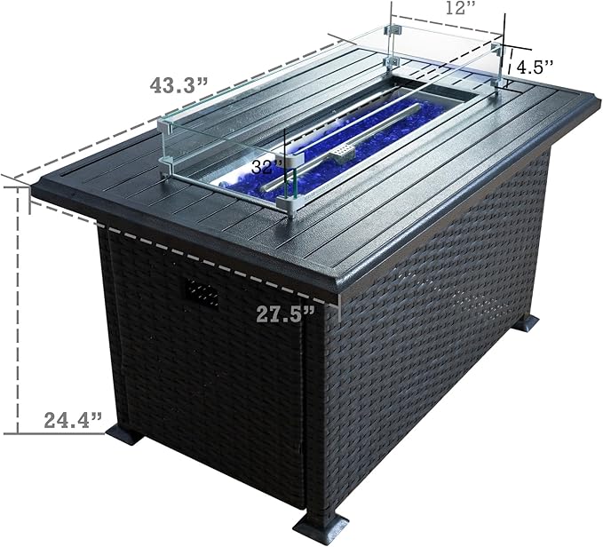 Kozyard Outdoor Patio Propane Gas Fire Pit Table - 50000 BTU Wicker Design with Aluminum Tabletop Glass Wind Guard Clear Glass Rocks and Slide Out Tank Holder - Ideal Patio Fire Table (Gray)