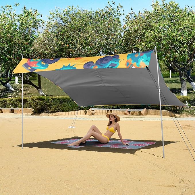 Hand Drawn Truck Car Pattern Cute Beach Canopy UPF50 Waterproof Sun Shelter Includes Sand Shovel Sandbags Stability Poles for Camping Picnics Backyard &amp Fishing