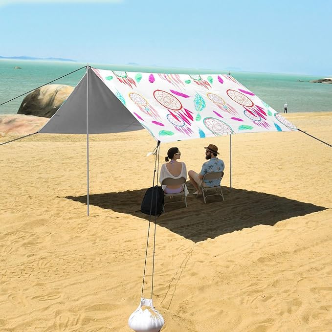 xigua Dreamcatchers Beach Tent Sun Shelter with Carrying Bag - Silver Coated Oxford Fabric Beach Canopy for Beach Camping Fishing - Includes Windproof Ropes Sandbags &amp Stakes