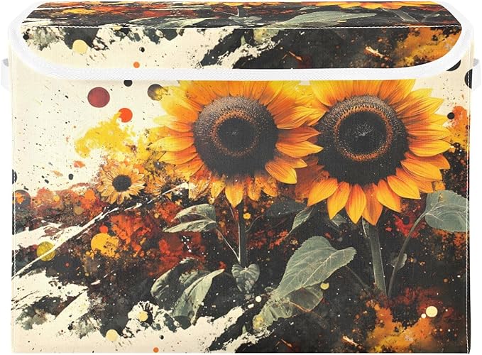 AIXIWAWA Lidded Storage Cube (Painting Of Sunflowers) Fabric Foldable Closet Bins with Flip Lid and Handles Organizer Basket Container 16.5 x 12.6 x 11.8 IN