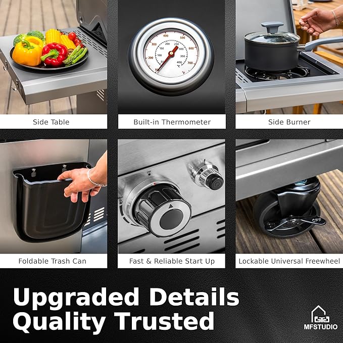 MFSTUDIO 6 Burner BBQ Propane Gas Grill with Side Burner &amp Porcelain-Enameled Cast Iron Grates Grill Griddle Combo for Outdoor Barbecue 740 SQ.IN. Large Cooking Area