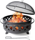 36 Inch Heavy Duty Steel Fire Pit Outdoor Wood Burning Fire Pits with Mesh Spark Screen and Poker for Camping Heating