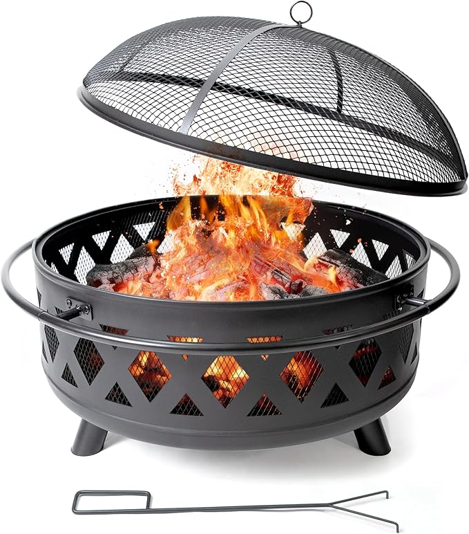 36 Inch Heavy Duty Steel Fire Pit Outdoor Wood Burning Fire Pits with Mesh Spark Screen and Poker for Camping Heating