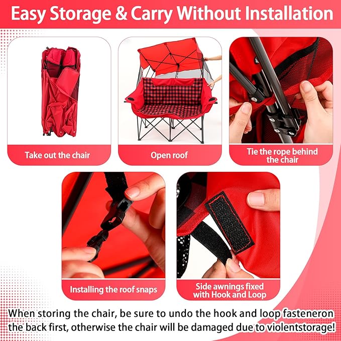 Teenyyou Double Camping Chair with Canopy Shade 660lbs Heavy Duty Beach Chair Portable Folding 2 Person Camping Loveseat with Cup Holder and Storage Bag for Lawn Beach Outdoor Sport(Red Plaid)