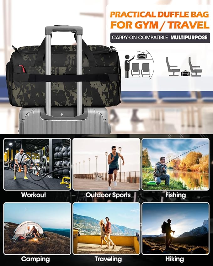 RAINSMORE Gym Bag for Men 45L Sports Travel Duffel Bag with Shoe &amp Laptop Compartment Gym Workout Backpack Carry On Weekender Bag Overnight Backpack for Travel Green Camo