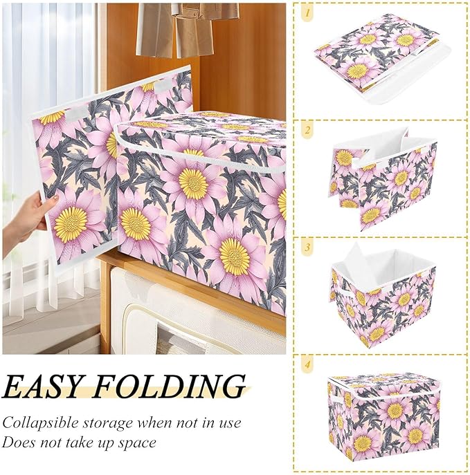 Storage Cube with Lid Aesthetic Floral Print 16.5×12.6×11.8 IN Collapsible Large Capacity Foldable Storage Basket Bin Organizer