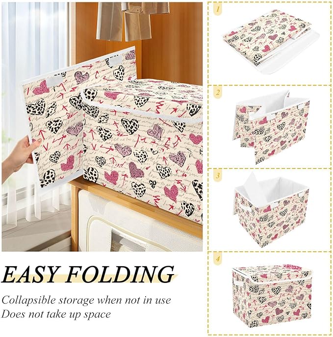 Storage Bins With Lid Stackable Fabric Closet Organizer Clothing Storage Large Boxes For Closet Shelves Bedroom Hearts Leopard Print Arrow Beige