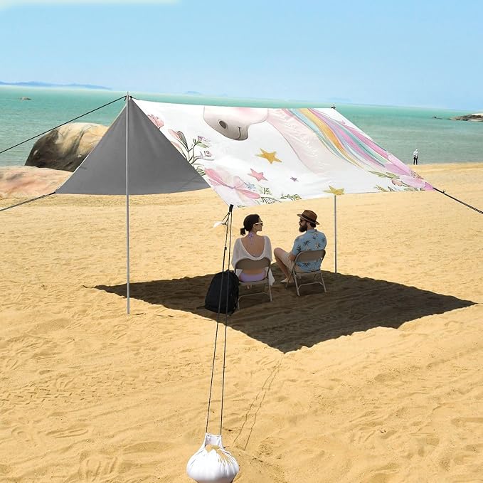 Rainbow Unicorns Flowers Beach Cabana Tent UPF50+ Protection Water-Resistant Sun Shelter with Sand Shovel for Backyard and Camping