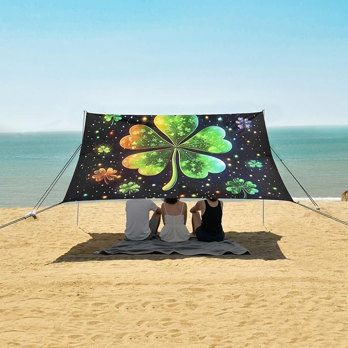 St Patrick's Clovers Glowing Beach Tent Sun Shelter Set UPF50+ UV Protection 10.5 x 9.19 FT Camping Shade Canopy with Sandbags Sand Anchors Carrying Bag and Others
