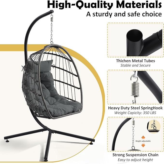 TITIMO Foldable Hanging Egg Chair with Stand Indoor/Outdoor Wicker Swinging Chair with Comfortable Cushion and Headrest Rattan Hammock Chair for Patio Bedroom Balcony Garden 350LBS Capacity