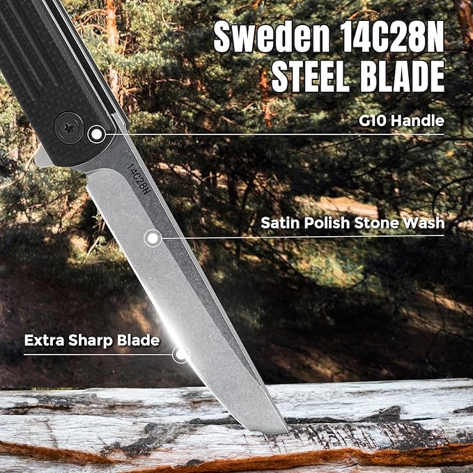 Folding Pocket Knife 3.19” 14C28N Steel Blade G10 Handle Praxis Small Flipper Liner Lock EDC Folding Knife Sharp Survival Camping Hiking Hunting Tactical Knives for Men (Black)