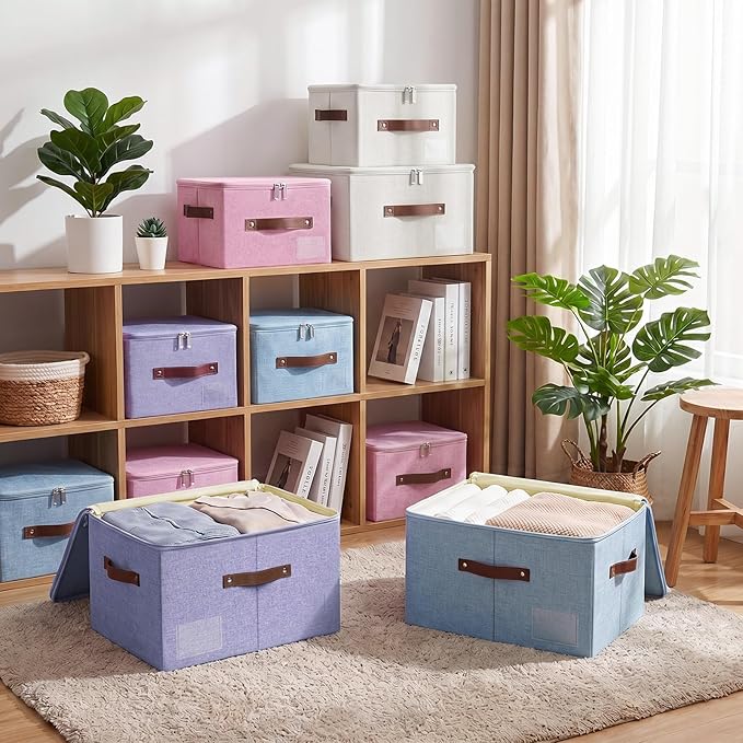Lucky Monet 3PCS Storage Bins with Zipper Lids 10x8x7 Foldable Lidded Fabric Storage Boxes Baskets Cotton Linen Closet Shelf Clothes Organizer Container with Handles &amp Label Pocket (Purple Sma