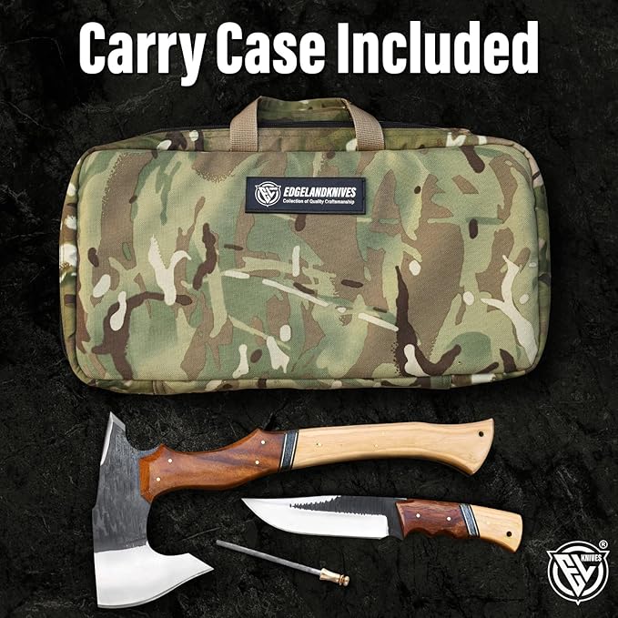 EdgeLandKnives® Hand Forged Tomahawk Throwing Axe and Bushcraft Knife Set Heavy Duty D2 Steel Tomahawk Throwing Axe and Bushcraft Knife Set with Leather Sheath Perfect Combo for Outdoorsmen EL90