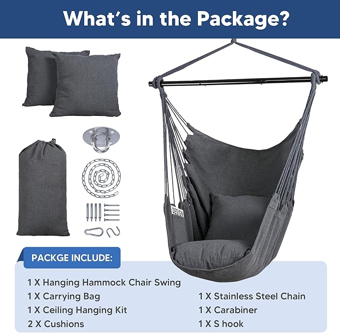 SUNCREAT Hammock Chair Swing with Steel Support Bar Side Pocket Large Hanging Chair Outdoor Max 450lbs Capacity Dark Gray